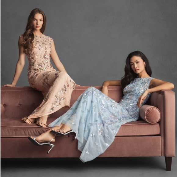 Mac Duggal Nude Silver Bateau Neck Cap Sleeve Floral Beaded Trumpet Gown Size 8 - Picture 4 of 17